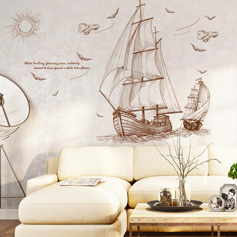 Decal dán tường Thuyền buồm nâu và cô gái xe đạp - HP438