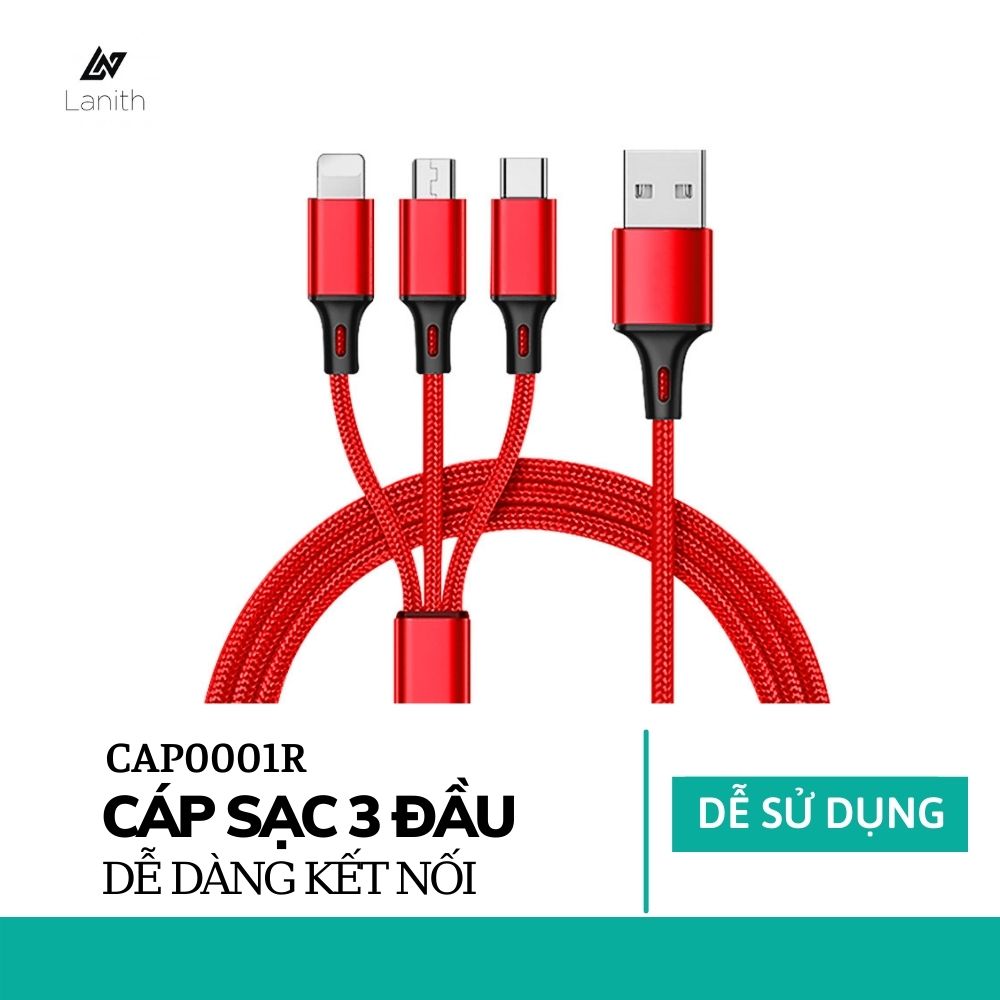 Dây sạc 3 đầu siêu bền, nhiều cổng sạc: USB micro, type C, lightning cho điện thoại Iphone, Samsung – Dây cáp sạc điện thoại đa năng - Hàng nhập khẩu- CAP0001