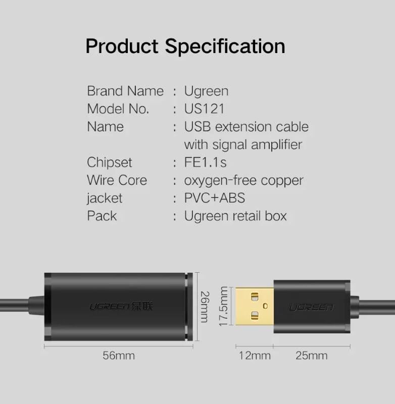 Ugreen UG10319US121TK 5M màu Đen Cáp tín hiệu nối dài USB 2.0 có chip khuếch đại cao cấp - HÀNG CHÍNH HÃNG