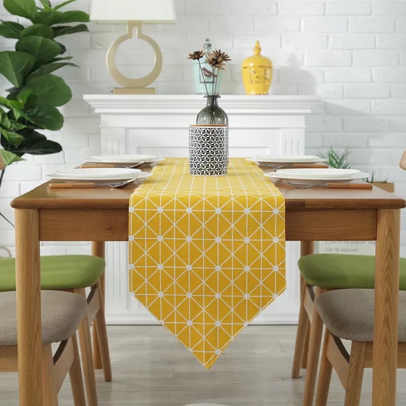 Khăn trải bàn table runner vải bố - Họa tiết vàng - mẫu E01