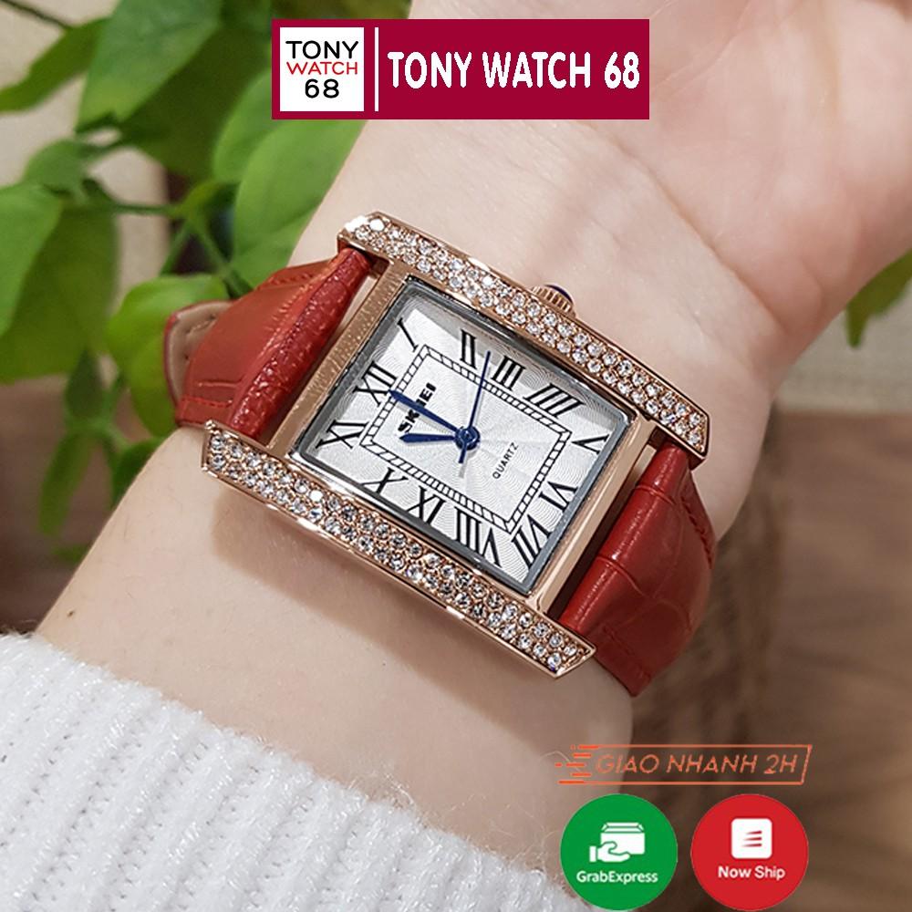 Đồng hồ nữ SKMEI dây da đỏ mặt vuông đính đá chính hãng Tony Watch 68