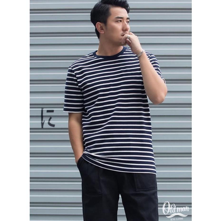 Áo Thun Nam Cổ Tròn Tay Ngắn Kẻ Sọc Ngang, Áo Phông Tay Lỡ Cổ Điển, Phong Cách Vintage, Retro Trẻ Trung Năng Động