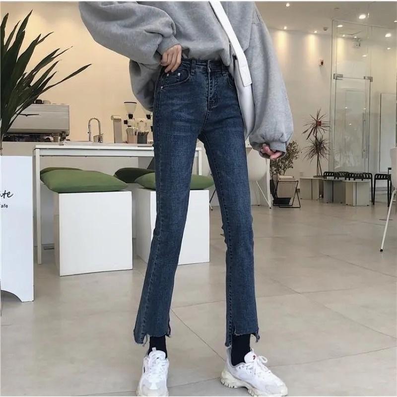 Quần Jeans Nữ Màu Xanh Ống Loe Tua Gấu Cạp Cao Ống Bó Xoè Đứng Phong Cách Ulzzang Chất Liệu Co Dãn Loại 1 Mặc Hàng Ngày