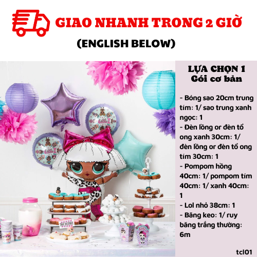 Bộ bong bóng trang trí sinh nhật chủ đề búp bê LOL cho bé gái màu tím xanh tcl01