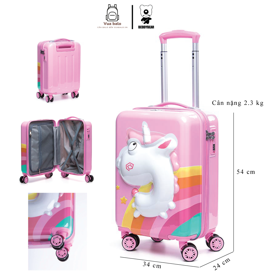 Vali Kéo Du lịch Trẻ Em MCN Beddy Bear 17 inch - họa tiết Kỳ Lân dập nổi 3D chống va đập, bánh xoay 360 - Khóa TSA cố định trên Vali - Bảo hành 5 năm MIỄN PHÍ