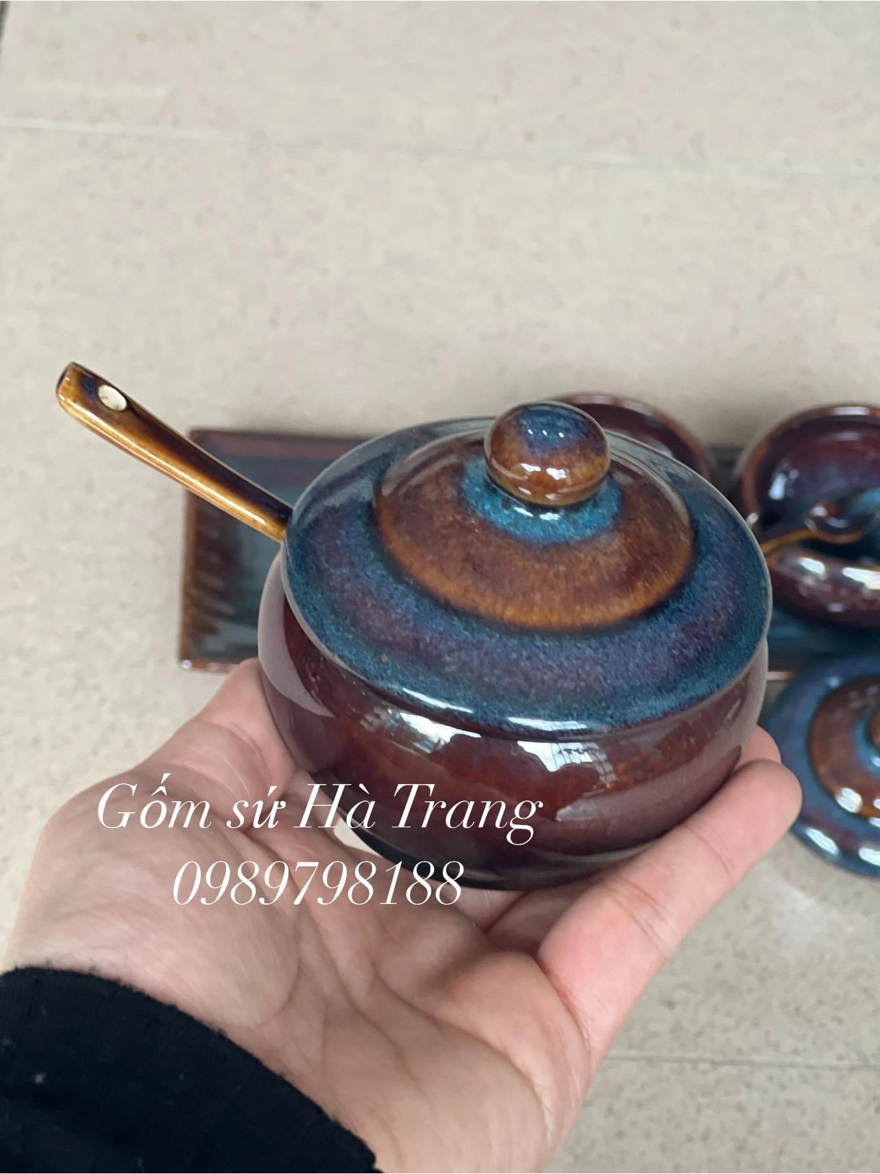 Bộ hũ gia vị gốm sứ Bát Tràng cao cấp men hoả biến lam