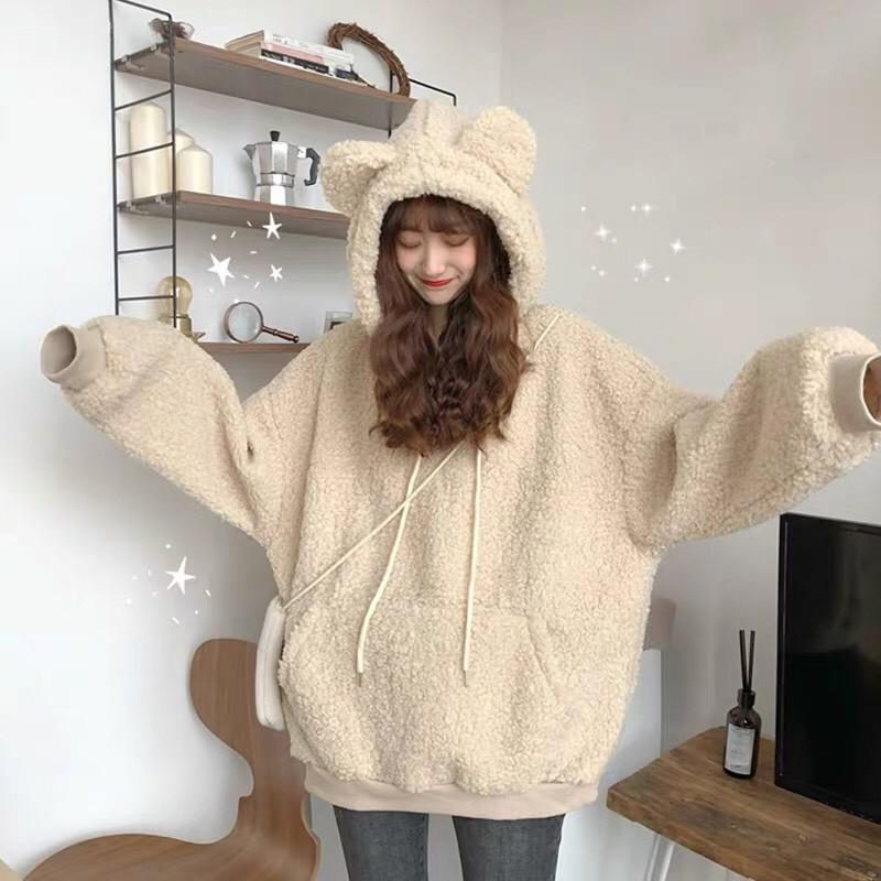 Áo Hoodie Nỉ Lông Dáng Rộng Tai Gấu Freesize đáng yêu tay dài