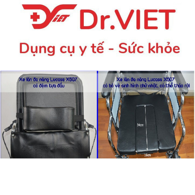 Xe lăn cao cấp đa năng Lucass X607 Chính hãng-Xe ngả nằm có bô, có thắng, 2 bánh xe chống lật cho người già, bệnh nhân, khuyết tật