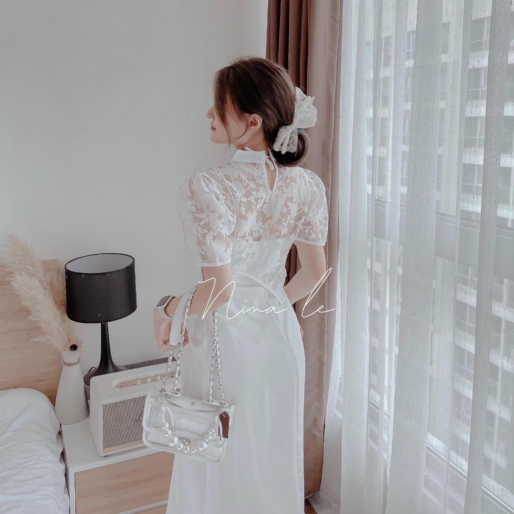 Set đầm 2s midi trắng khoét e kèm áo croptop voan hoa nổi cổ tàu áo dài cách tân trung hoa mẫu chi nina lê tết xuân