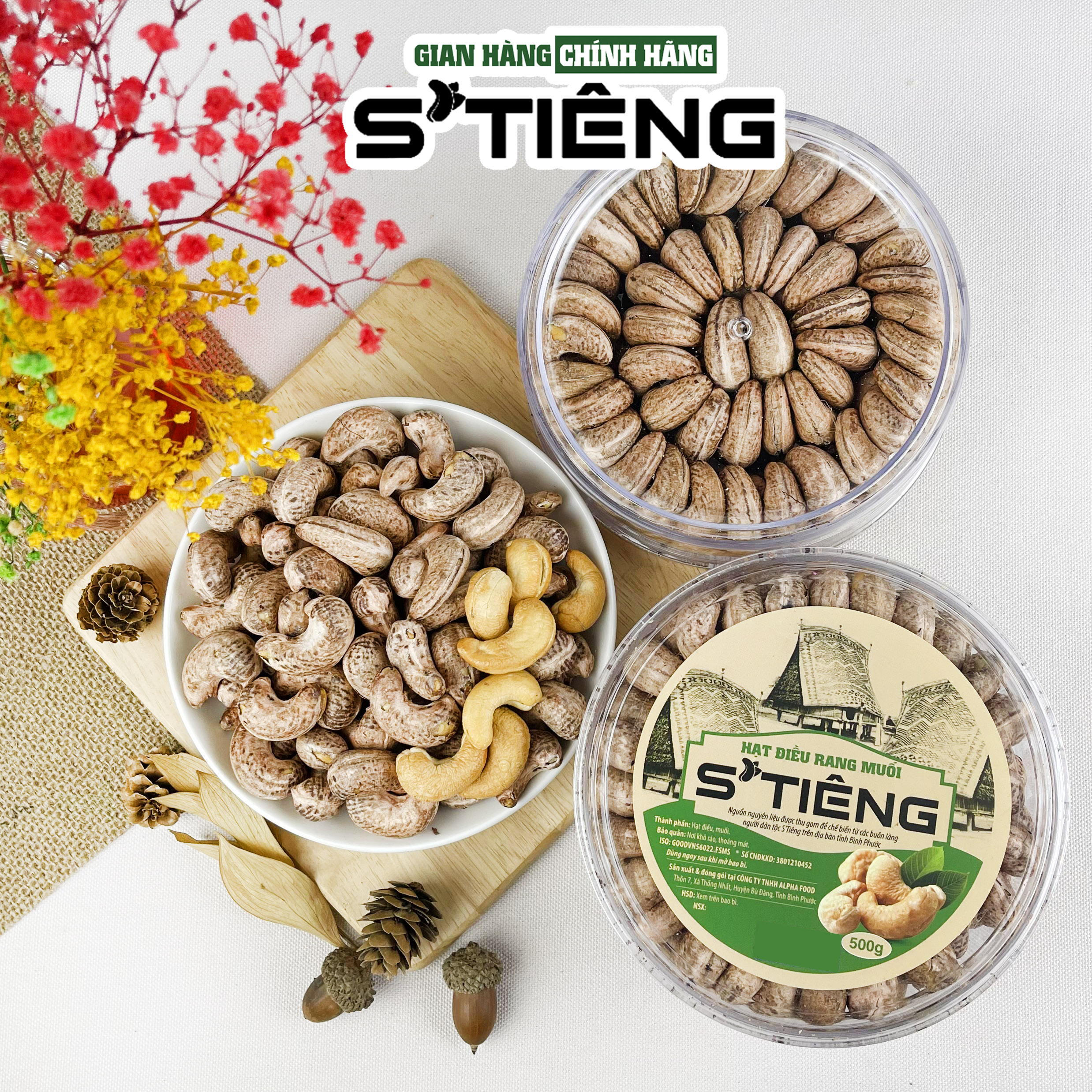 500Gr Hạt Điều Rang Muối Nguyên Hạt S'TIÊNG Hộp Xếp Hoa Đẹp Mắt
