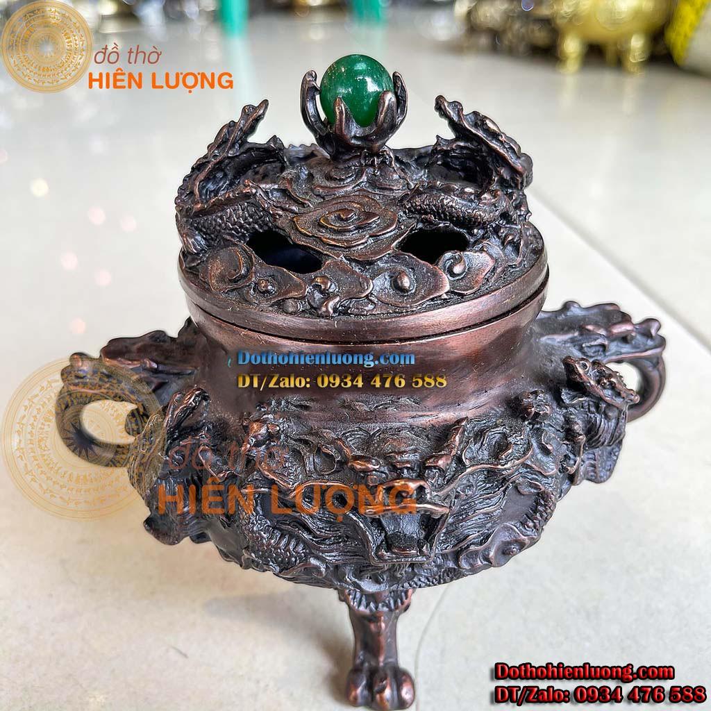 Đỉnh Xông Trầm Rồng Nắp Ngọc Bằng Đồng Cao 14cm