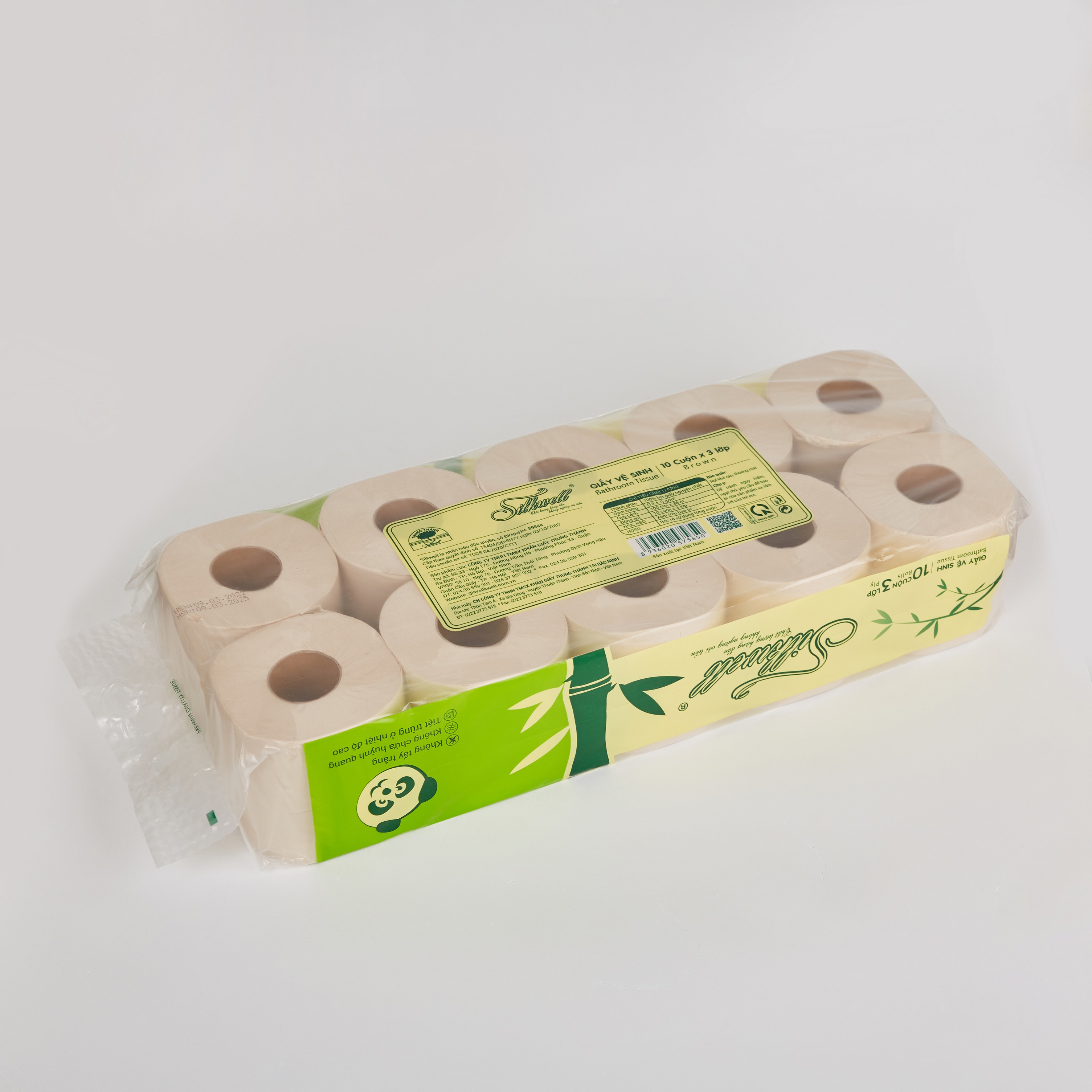 Giấy vệ sinh gấu trúc Silkwell 10 cuộn 3 lớp có lõi, giấy vệ sinh không tẩy trắng, an toàn hàng chính hãng