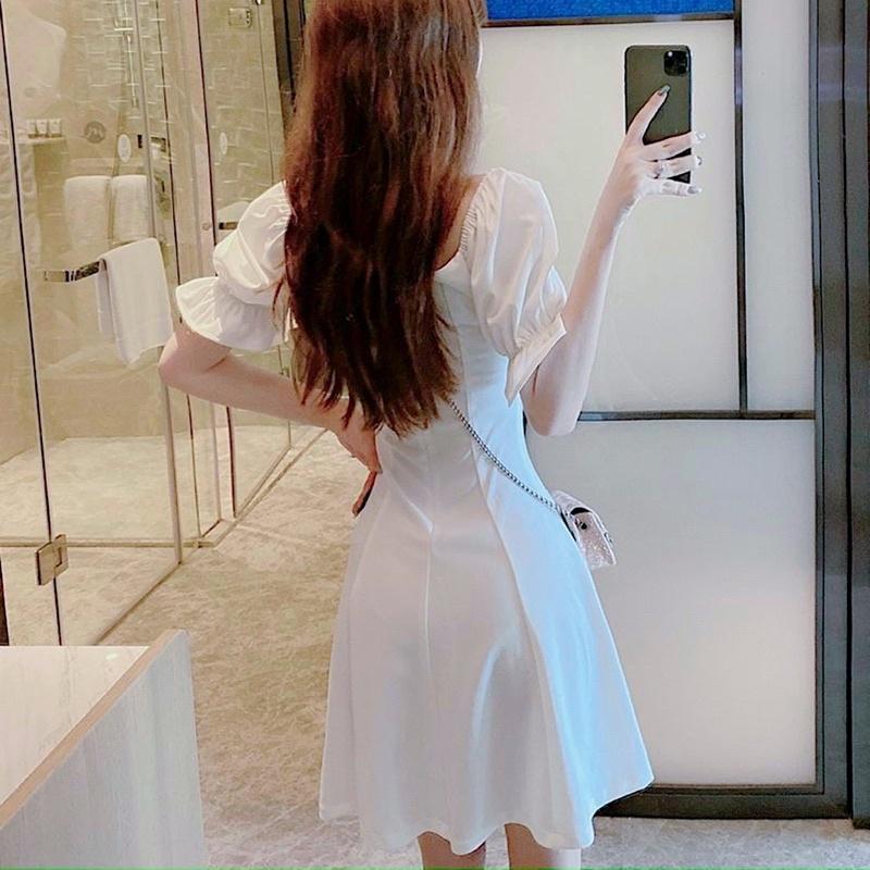 ĐẦM ĐI TIỆC Đầm váy cổ vuông nút bọc 2 màu