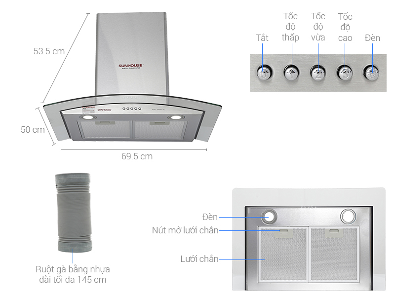 Máy hút mùi kính cong Sunhouse SHB6629-70C - Hàng chính hãng