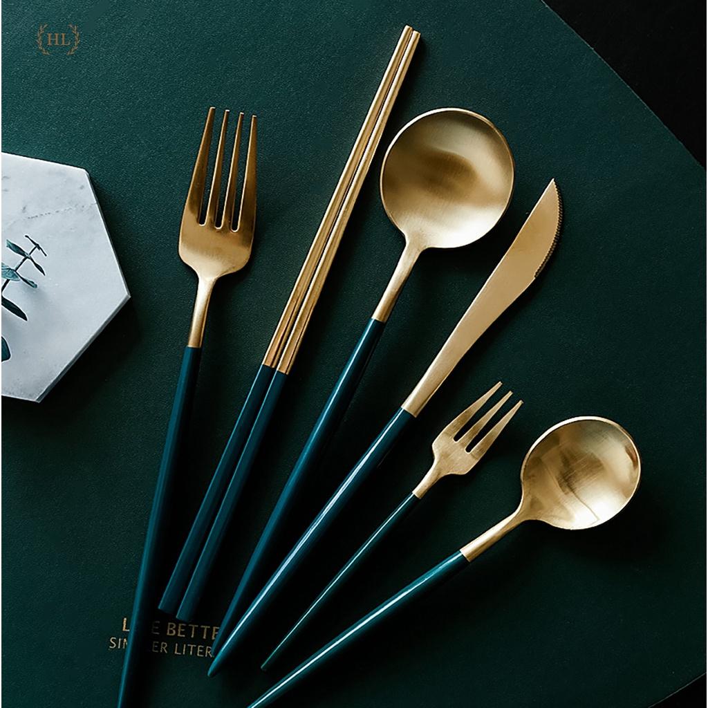 ĐŨA - SÚP - NĨA INOX CAO CẤP KHÔNG MÒN | SET THÌA NĨA INOX PHONG CÁCH TÂN CỔ ĐIỂN HOME LUXURY DECOR XANH TRẮNG