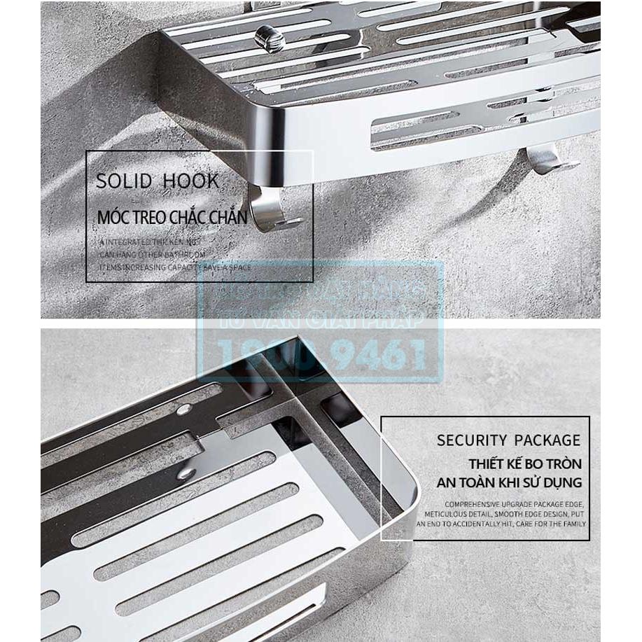 Giá kệ treo tường phòng tắm đa năng 2 tầng inox 304, có móc treo khăn, bông tắm 9048