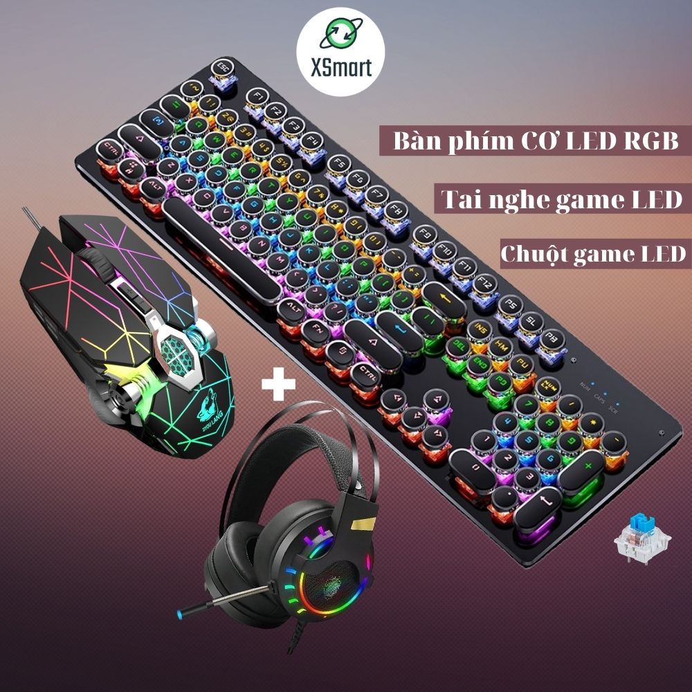 COMBO bàn phím cơ kèm chuột và tai nghe chụp tai headphone XSmart Super Bass gaming LED RGB chơi game đổi màu siêu đẹp T907+V8 tia sét+K3 - Hàng Chính Hãng