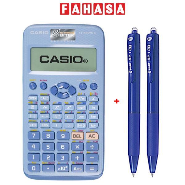 Bộ Máy Tính Casio FX 580 VN X - Màu Xanh Da Trời + 2 Bút Bi Pilot BP-1RT - Mực Xanh