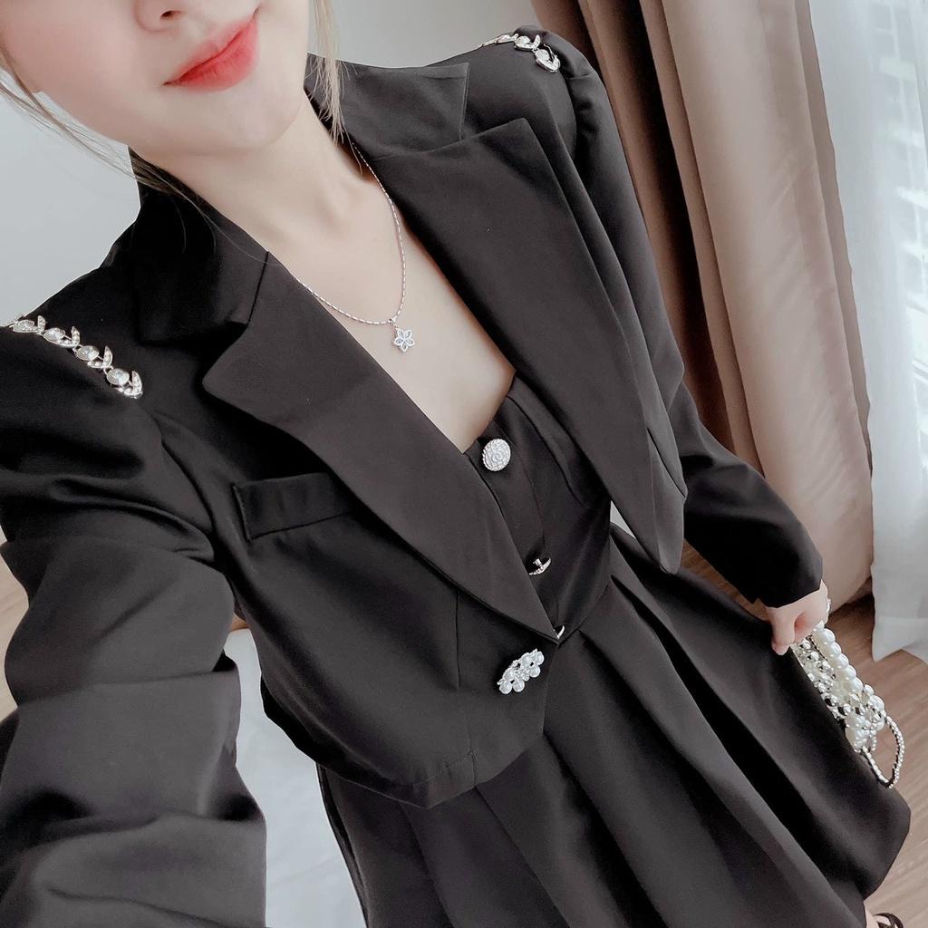 Set đầm midi đen 2 dây kèm áo khoác vest croptop tay dài đính cườm tiểu thư sang chảnh dự tiệc nina lê