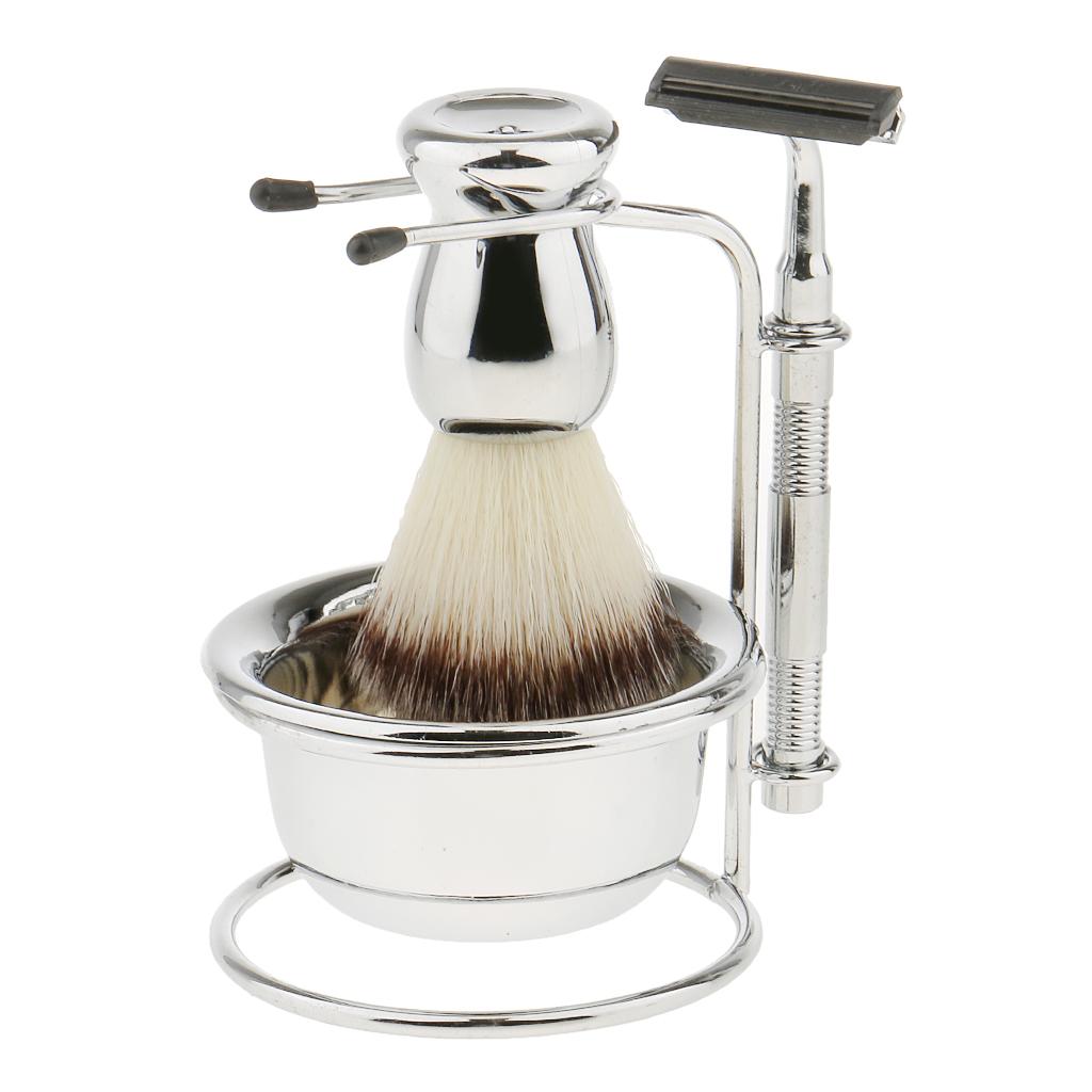 Mens Beard Removal Grooming Set, Wet Shave Kit, includes Brush, Safety Razors, Bowl and Stand Holder