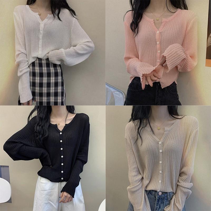 Áo Khoác Cardigan Dệt Kim Tay Dài Cổ Chữ V Màu Trơn Hợp Thời Trang Cho Nữ