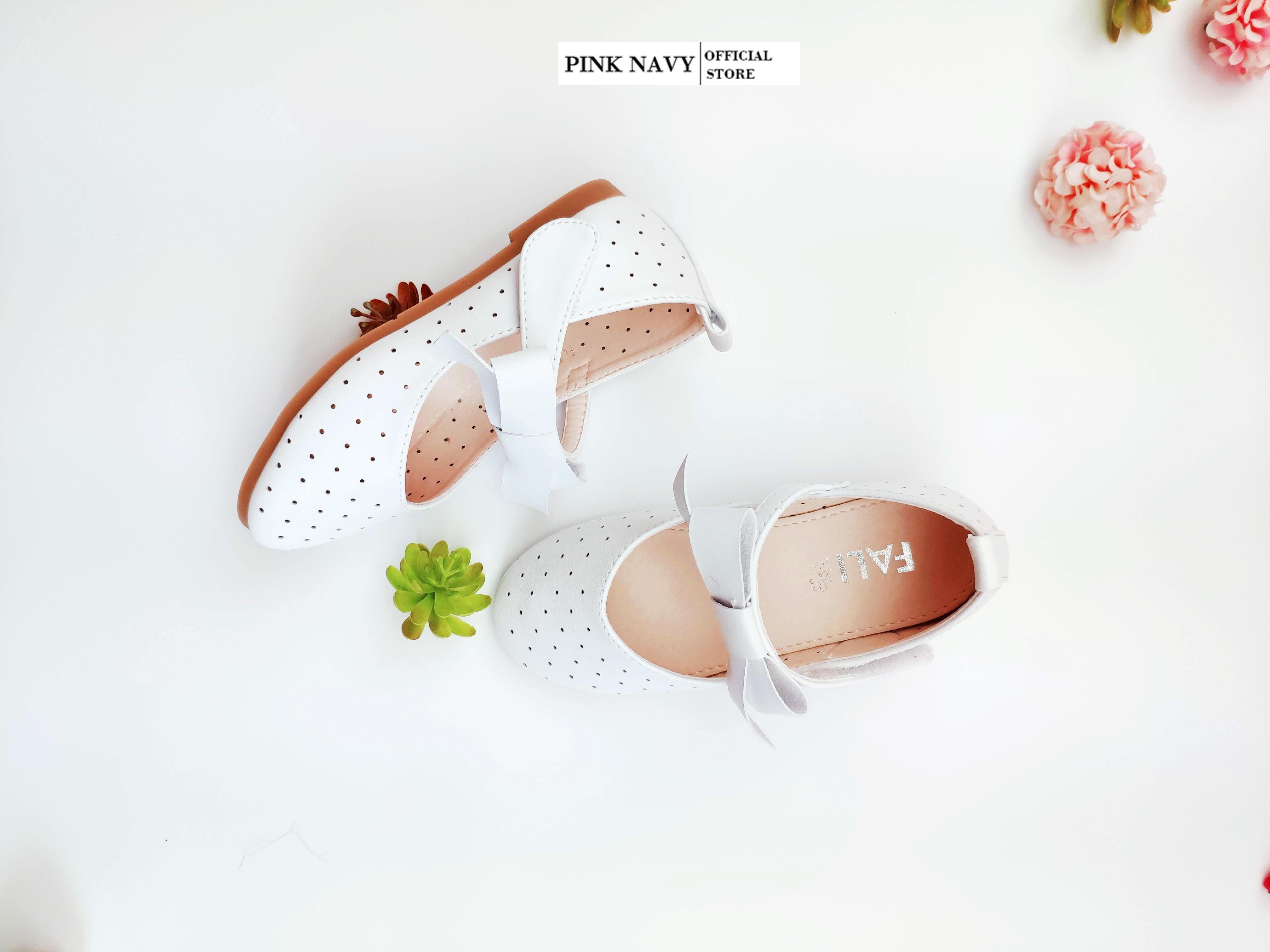 Giày búp bê Pink Navy gắn nơ bé gái siêu êm nhẹ từ 3-12 tuổi màu trắng