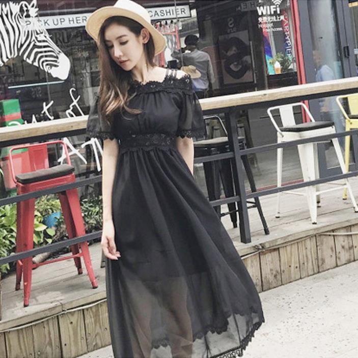 Đầm maxi voan dáng dài phối ren phong cách Hàn Quốc (màu đen