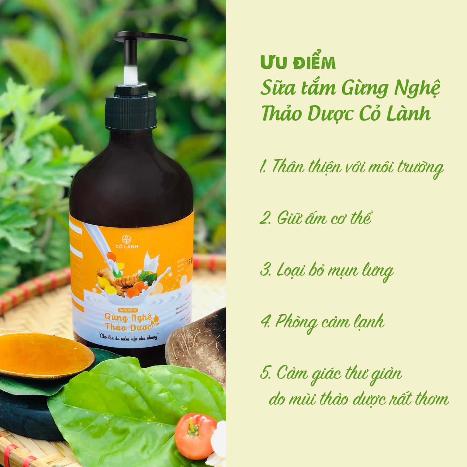 Sữa Tắm Gừng Nghệ Thảo Dược giúp trắng da mờ thâm , sạch mụn lưng