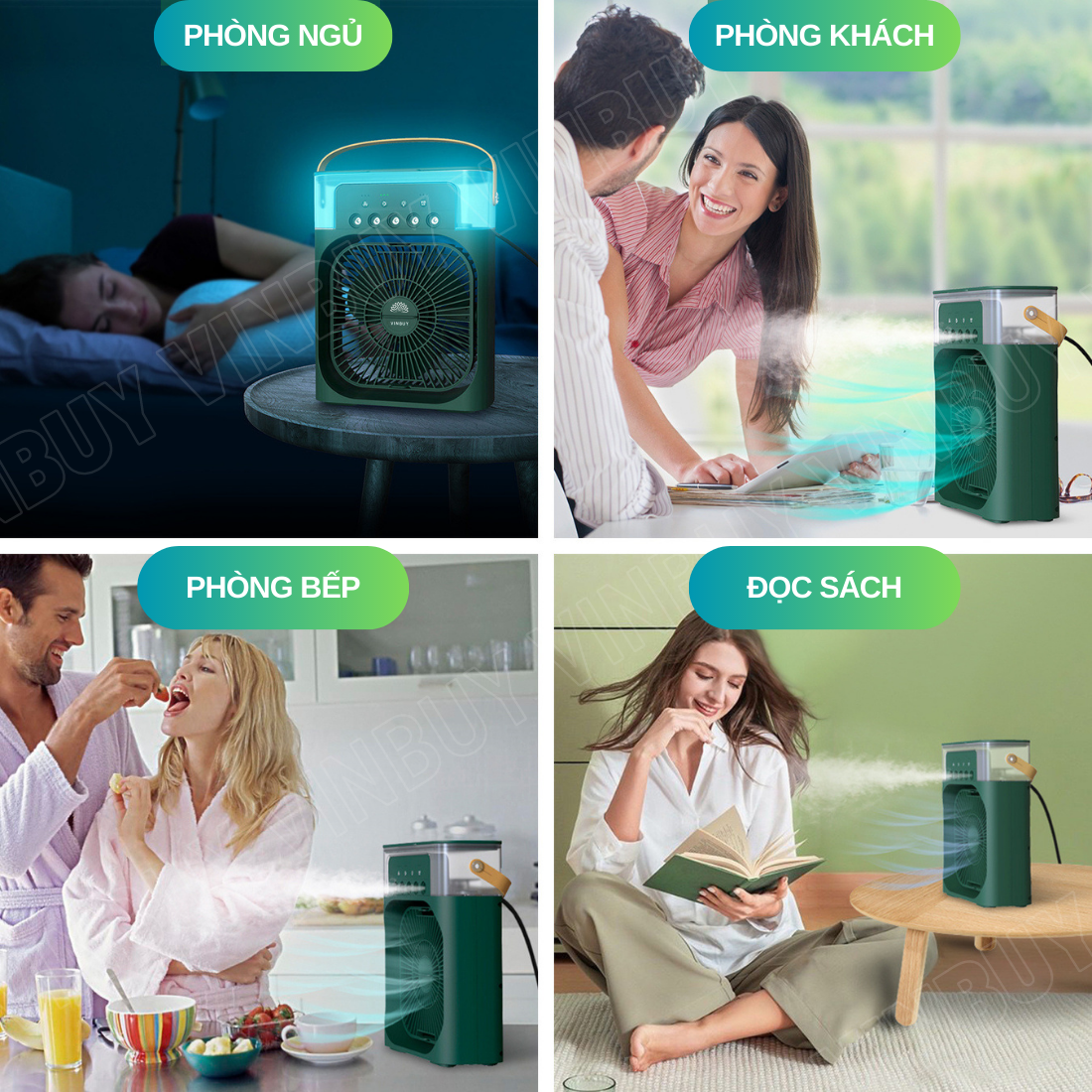 Quạt điều hòa hơi nước mini làm mát không khí để bàn nhỏ gọn, phun sương mạnh nhiều chế độ có bình đựng nước, nốt chạm cảm ứng, pin sạc tích điện, có đèn - Hàng chính hãng VinBuy