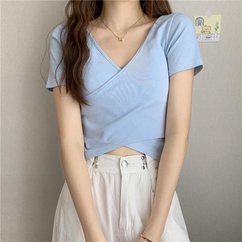 MS31 Áo thun nữ trơn vạt chéo croptop hở eo