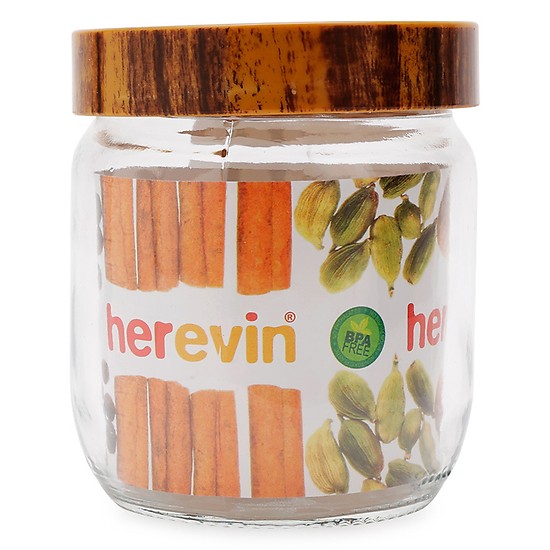 Hũ Thuỷ Tinh Herevin Tròn Trơn Nắp Woody 425ml