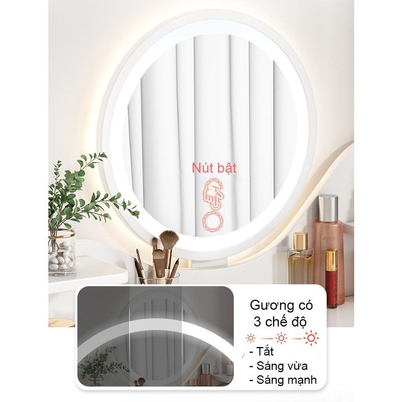 Bàn trang điểm tích hợp đèn LED thông minh điều chỉnh độ sáng 3 mức, mặt bàn bo góc chân gỗ tự nhiên phong cách Bắc Âu hiện đại, trẻ trung