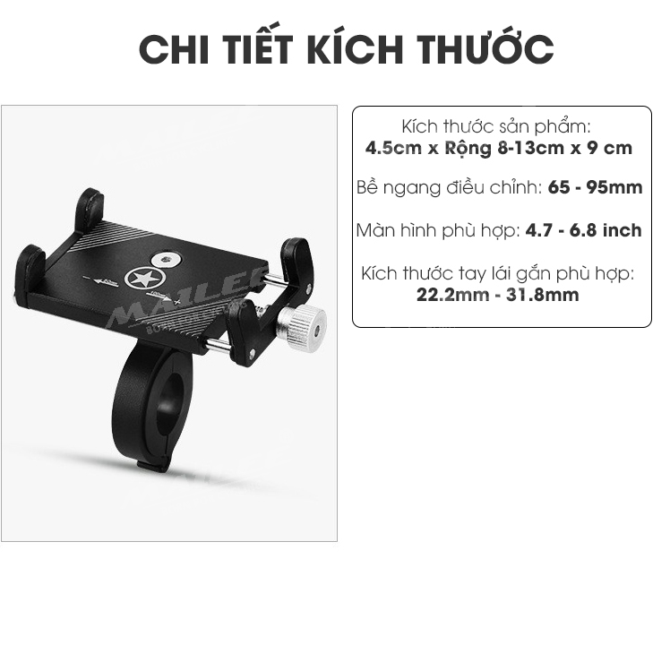 Giá đỡ điện thoại xe đạp MOBILE BRACKET gắn tay lái SS-044 cho điện thoại dưới 6.8 inch, chất liệu Nhôm, phù hợp đường kính ghi đông 22.2mm-31.8mm - Mai Lee