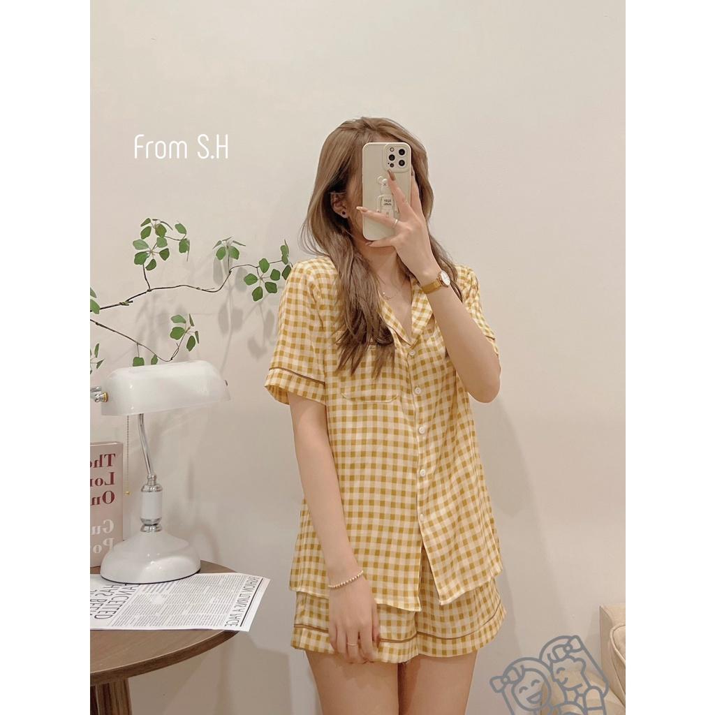 Bộ pijama caro đũi lạnh màu sắc tươi sáng muslin Hàn Quốc