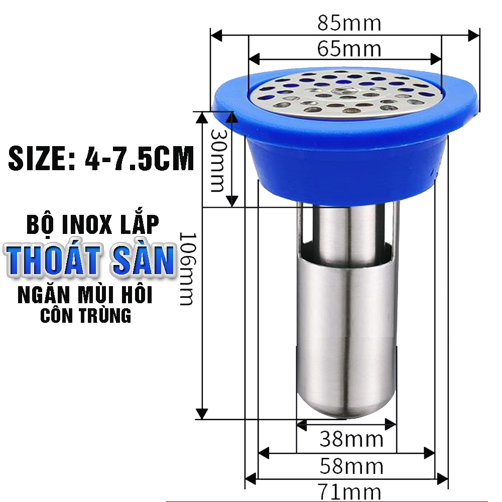 Phụ kiện ngăn mùi hôi inox 304 lắp thoát sàn, ống thoát nước chống mùi chặn vi khuẩn trào ngược lên, size to 60 75 - Dan House