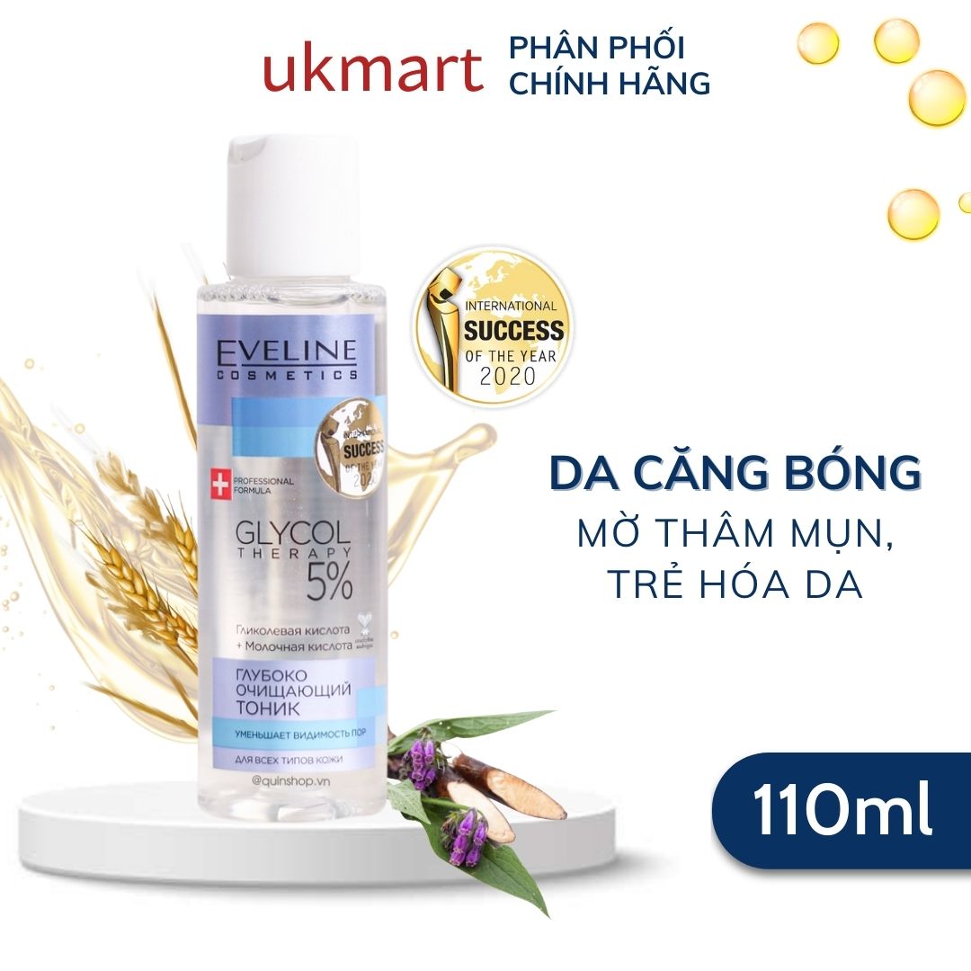 Toner Eveline 5% Glycolic Acid Glycol Therapy Cho Da Căng Bóng Mịn Màng Mờ Thâm Mụn Trẻ Hóa Da 110ml