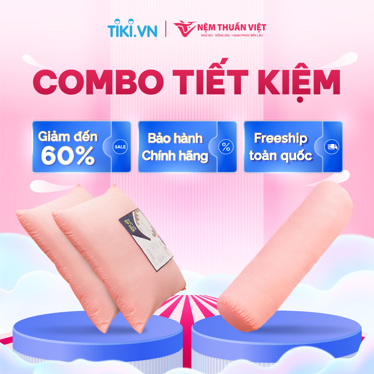 Bộ 3 Gối Ngủ Siêu Tiết Kiệm - Chất Liệu Gòn Cao Cấp - Bộ Sản Phẩm Gồm 2 Gối Nằm, 1 Gối Ôm