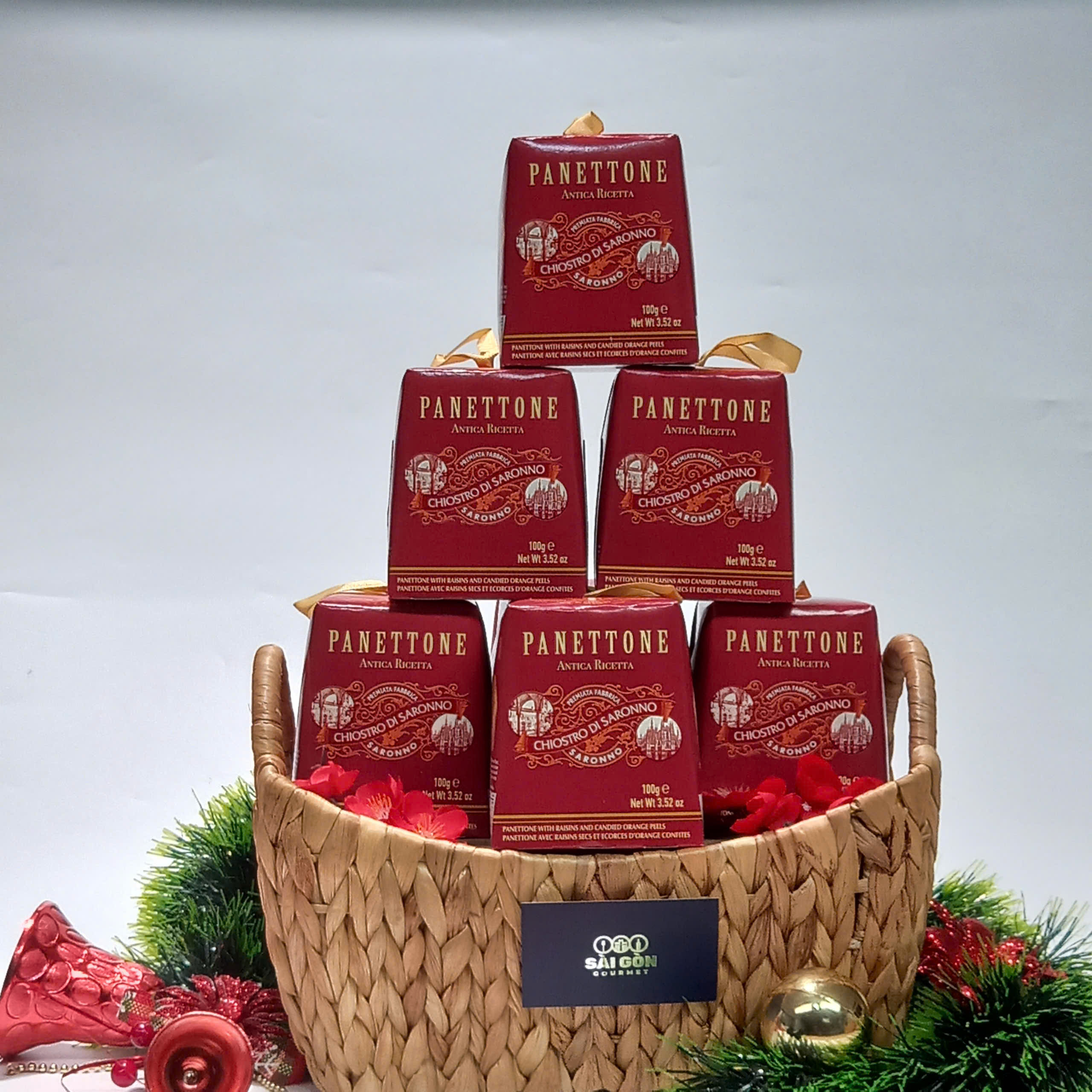 GIỎ QUÀ TẶNG GIÁNG SINH BÁNH PANETTONE CHIOSTRO DI SARONNO, BÁNH GIÁNG SINH PANETTONE CHIOSTRO DI SARONNO (SET 7 hộp bánh 100g)