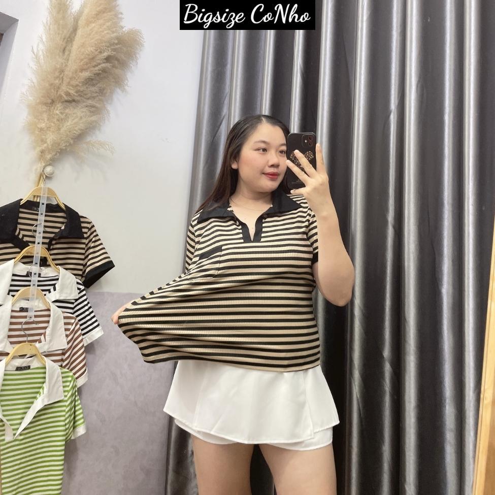 BIGSIZE 58-90KG Áo thun tay ngắn bigsize nữ cổ bẻ sọc tay ngắn dáng dài, Áo phông oversize sang chảnh CB SOC