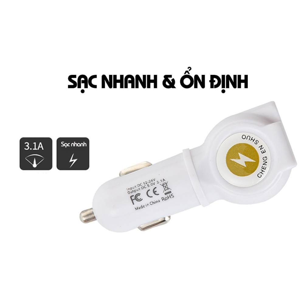 Tẩu Sạc Xe Hơi Đa Năng 3.1A 3 Đầu Cáp (Type-C/Lightning/Micro USB)