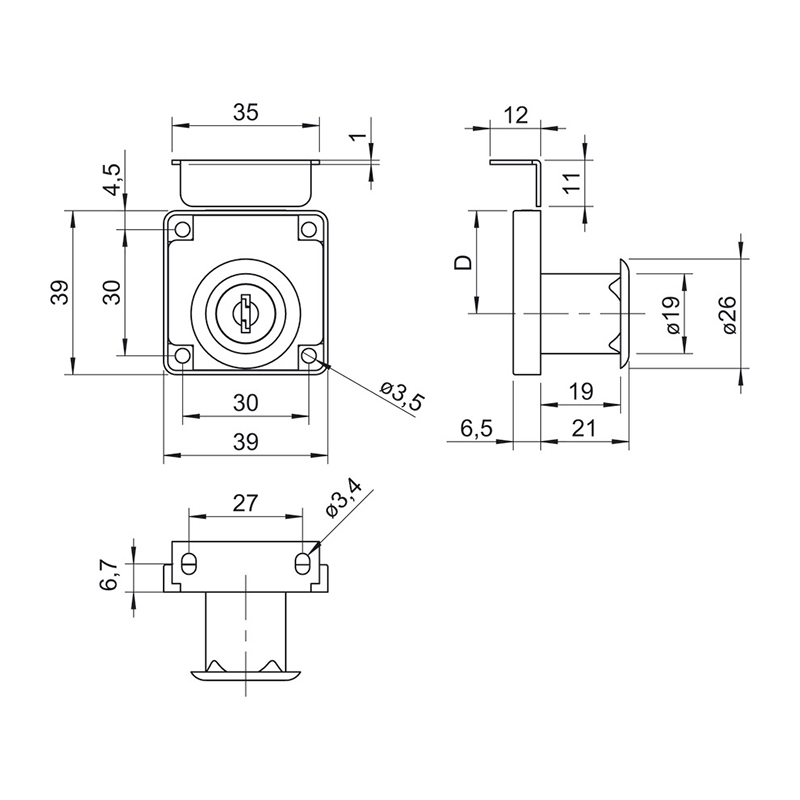 Khóa vuông chìa nhựa Hafele 22mm - 232.01.220