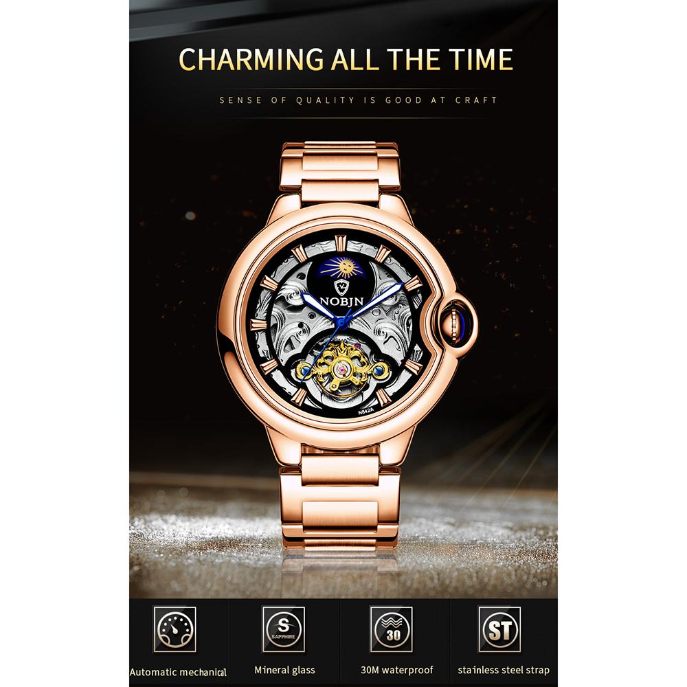 Đồng hồ nam NOBJN dành cho doanh nhân 30M không thấm nước dạ quang - Vàng hồng & Đen - Dây thép