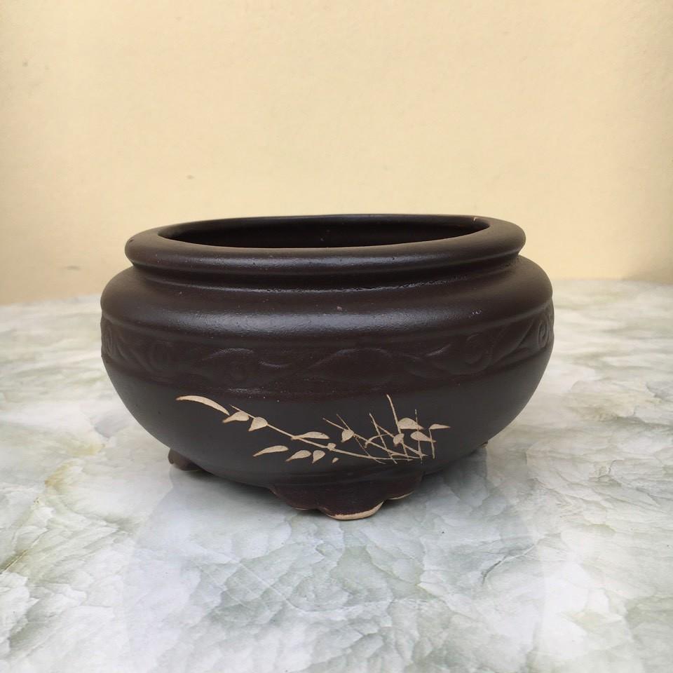Chậu bonsai Tròn khắc mini đất nung màu đen gốm Bát tràng 1 size BM-131