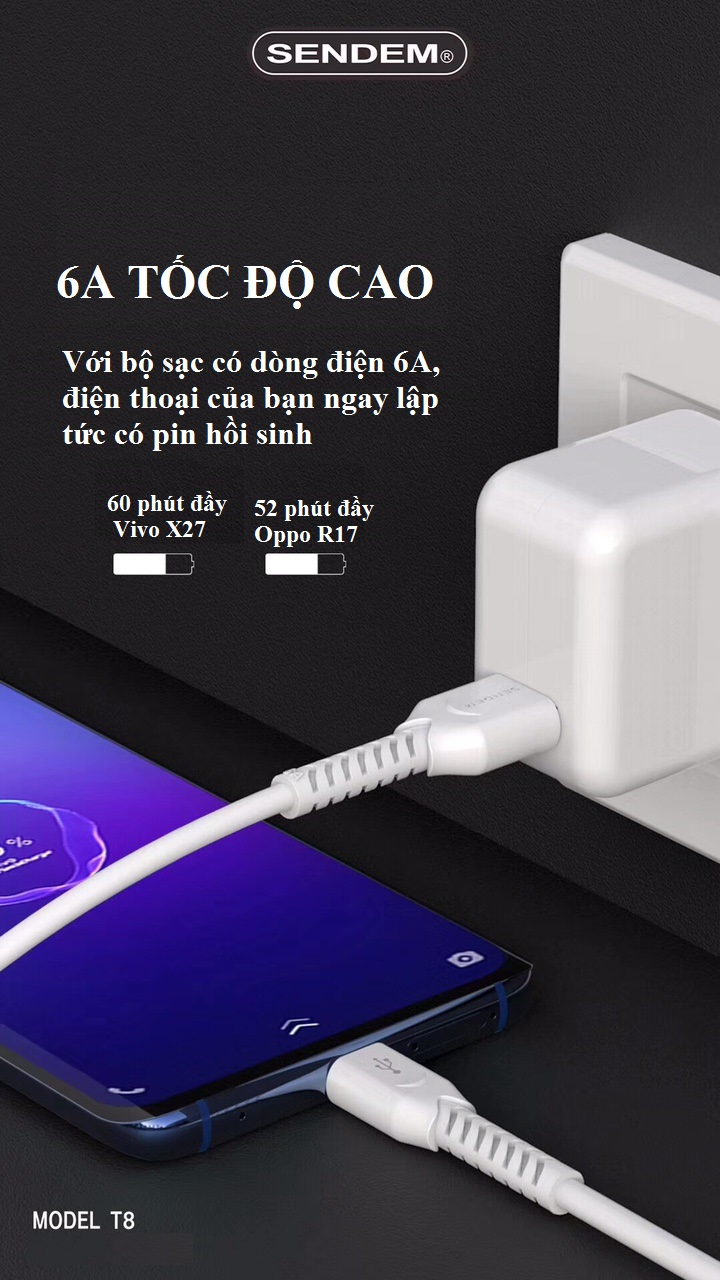 Cáp sạc siêu tốc SENDEM T8 6A MicroUSB, Lightning, TypeC hỗ trợ VOOC, Qualcom 3.0 dành cho điện thoại đời cao của Iphone, Samsung, Oppo,... (Giao màu ngẫu nhiên) - Hàng chính hãng