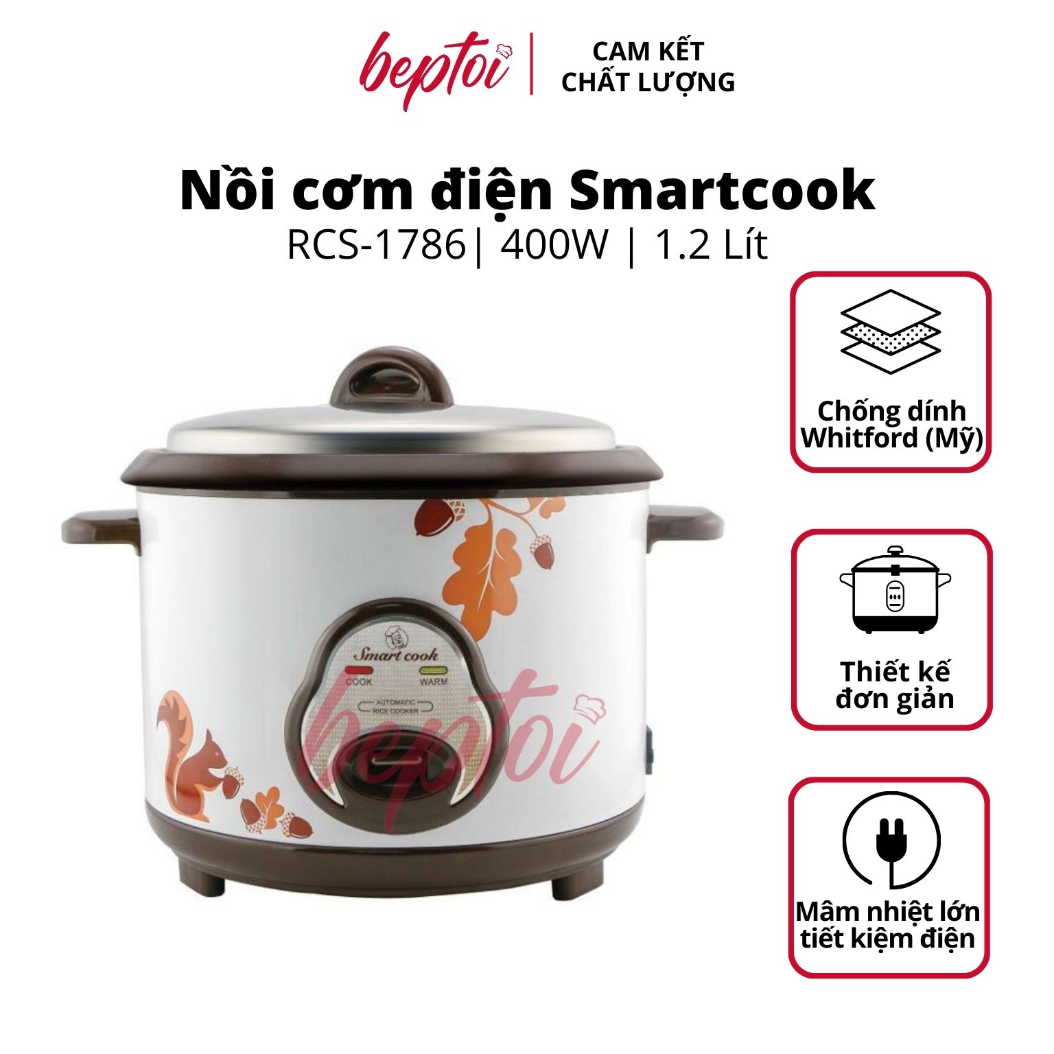 Nồi cơm điện cao cấp Smartcook, nồi cơm điện nắp rời dung tích 1.2L công suất 400W RCS-1786 Hàng chính hãng