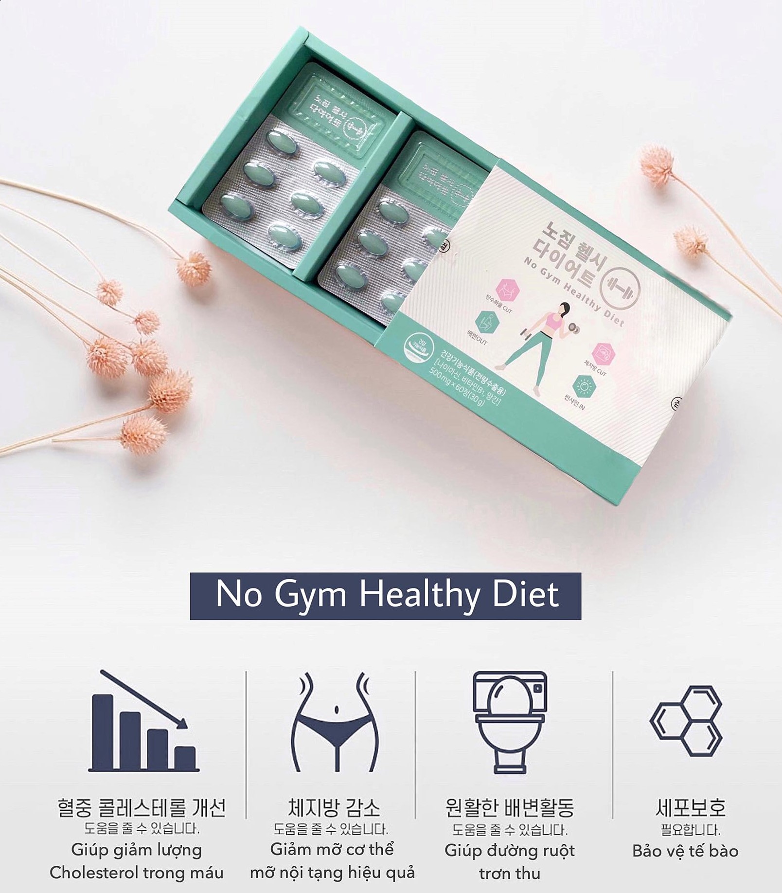 Genie No Gym Healthy Diet Viên Uống Hỗ Trợ Giảm Mỡ Giảm Cảm Giác Thèm Ăn Cấp Chất Xơ Từ Rau Xanh Hộp 60 Viên