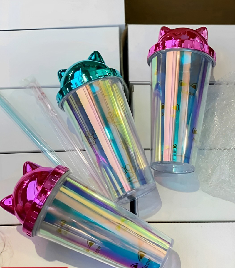 Bình Đựng Nước Hai Lớp Tai Mèo Lấp Lánh 380Ml Kèm Ống Hút