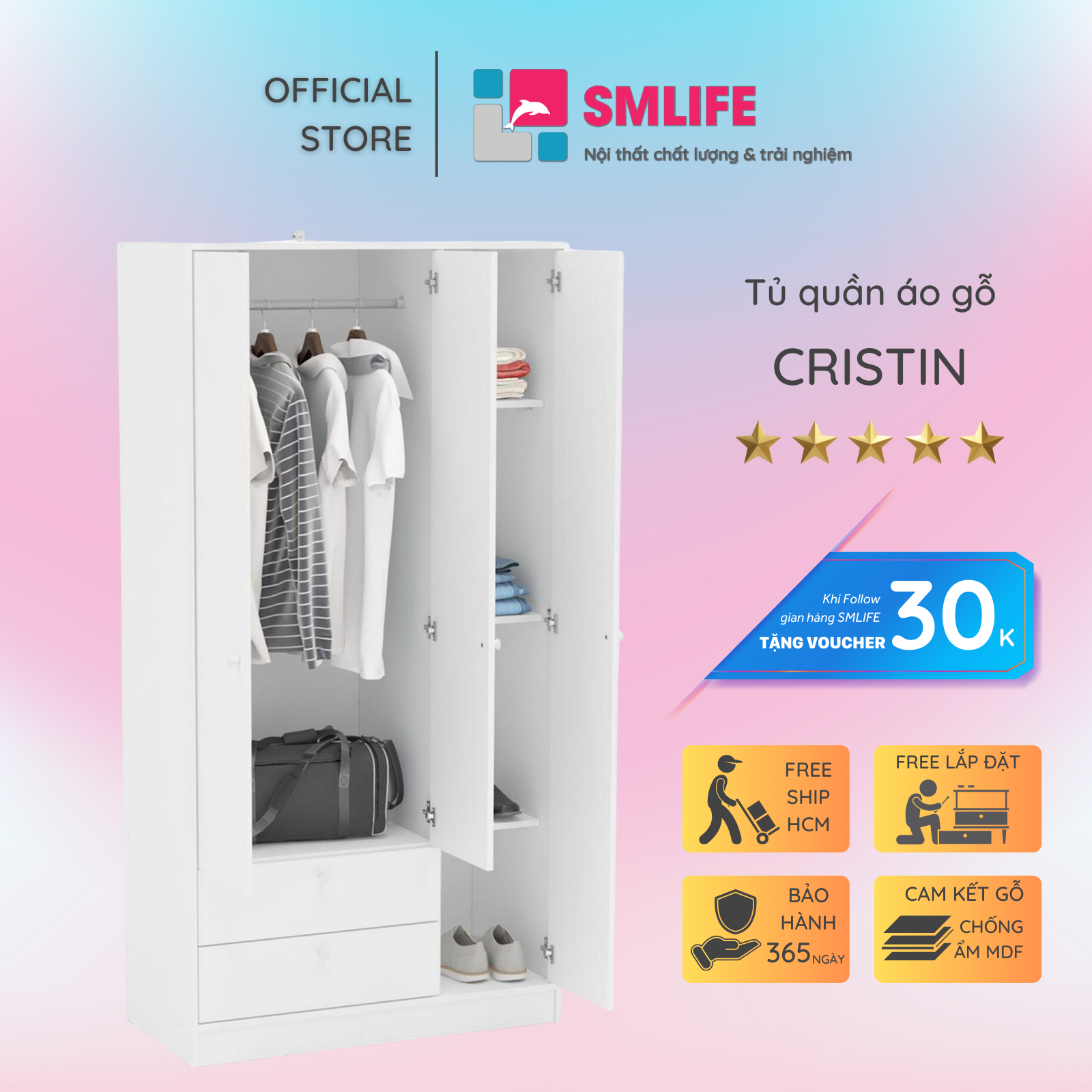 Tủ quần áo gỗ hiện đại SMLIFE Cristin | Gỗ MDF dày 17mm chống ẩm | D90xR45xC180cm