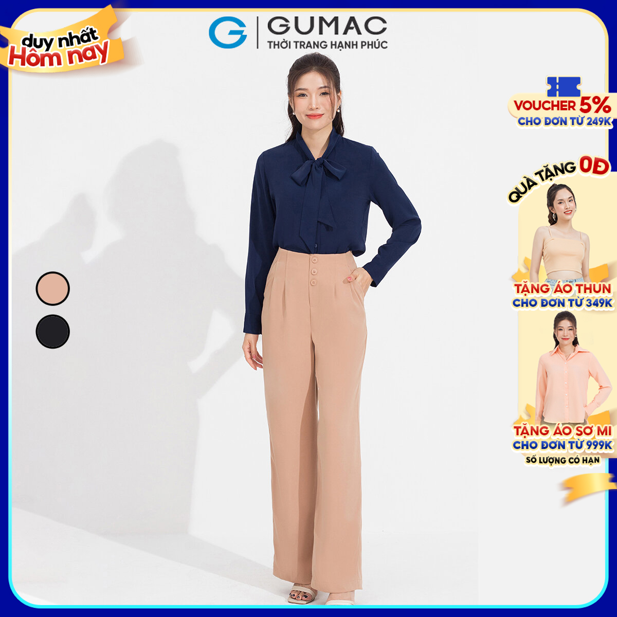 Quần tây nữ suông chiết ly đính nút tôn dáng thanh lịch GUMAC QD05004