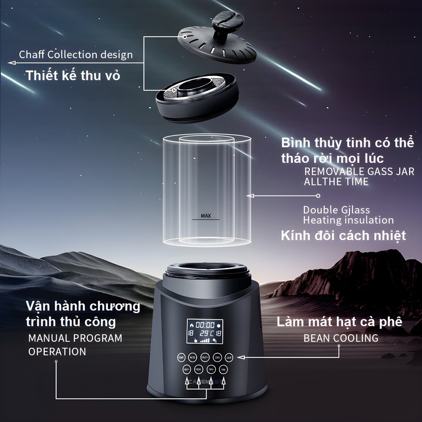Máy rang hạt cà phê công nghệ gia nhiệt không khí chuyên nghiệp. Thương hiệu Mỹ cao cấp Cafemasy SCR-306. Hàng chính hãng